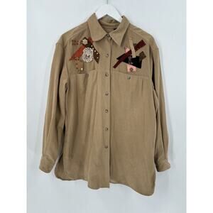 Liz Sport Vintage Blouse Womens Large Brown Button Up Faux Suede Beaded Keys